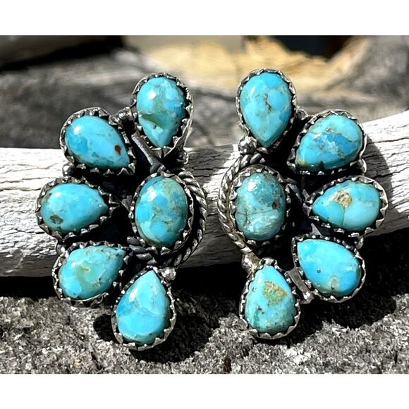 Southwest Jewelry - Native American Style Sterling Silver Turquoise Half Cluster Earrings Southwest
